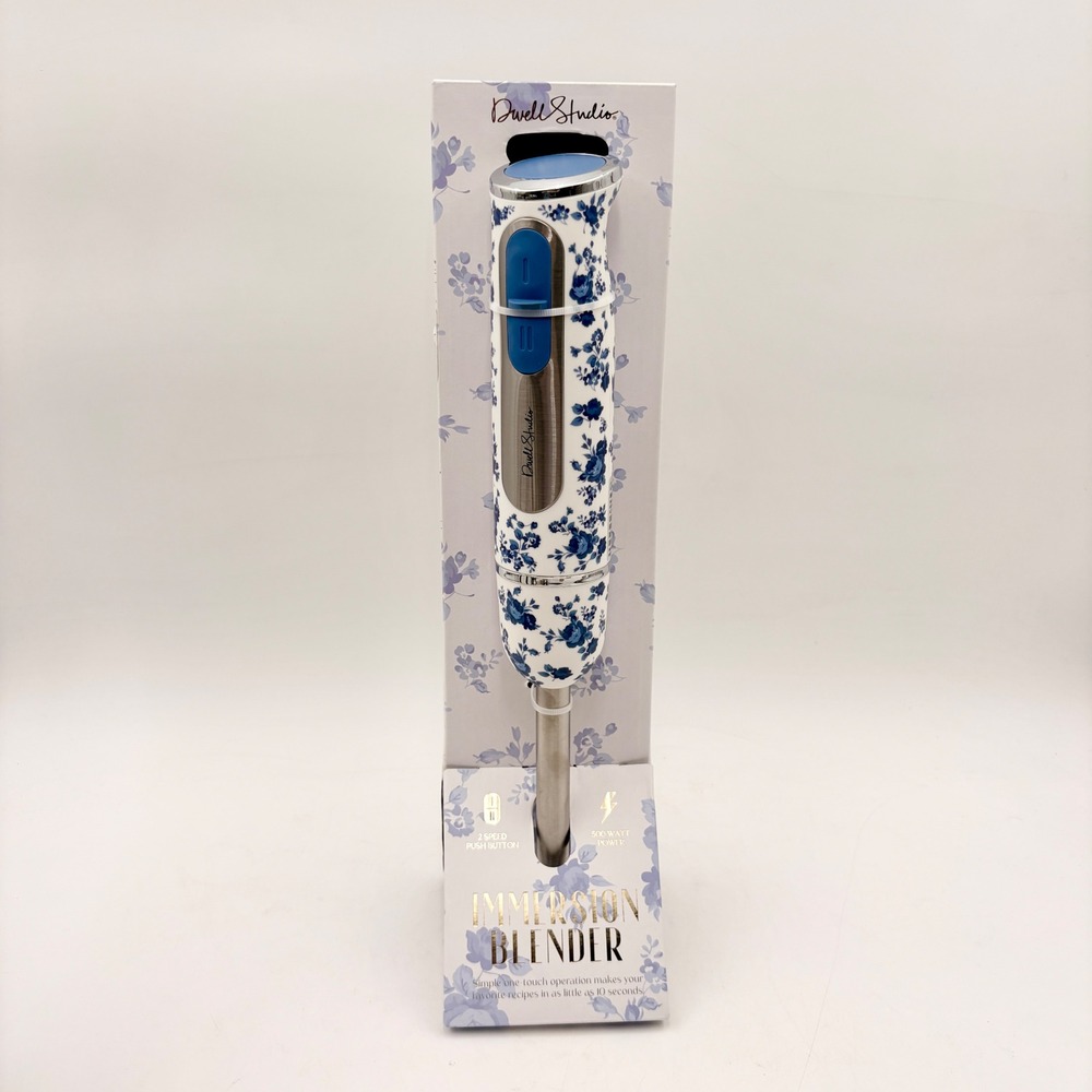 Dwell Studio Immersion Blender 500W 2-Speed Blue Floral White Handheld Mixer NEW